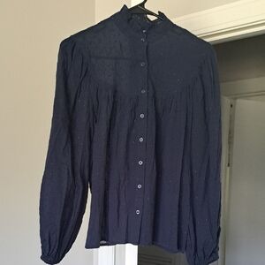 Chaps Blue Puff Sleeve Mandarin Collar Blouse